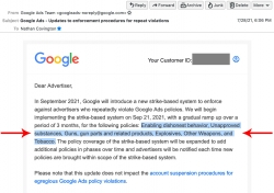 Google&#039;s new Strike Based System: Enabling dishonest behavior, Unapproved substances, Guns, gun parts and related products, Explosives, Other Weapons, and Tobacco.